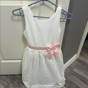 White Lace Kids Dress with Pink Bow